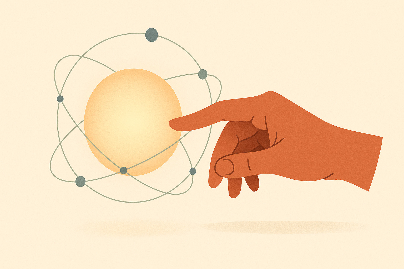 A warm human hand reaching out to calmly guide a glowing orb of light orbited by small blue nodes, a metaphor for a person directing AI tools with judgment rather than fearing them.
