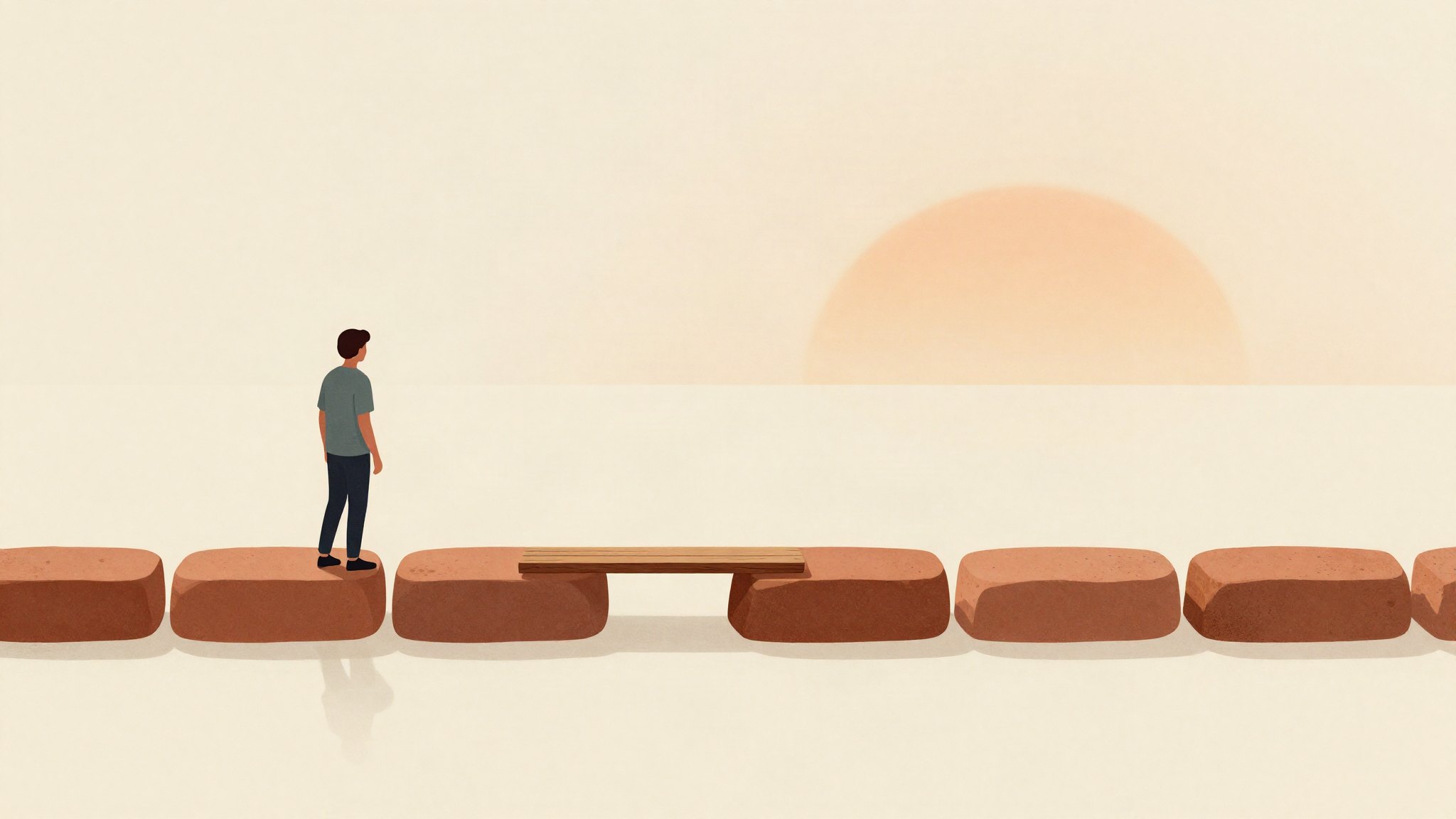 A row of terracotta stepping stones with a clear empty break in the middle, spanned by a single wooden plank, as a person seen from behind prepares to cross toward a warm sunrise, illustrating how to bridge a career gap on a resume.