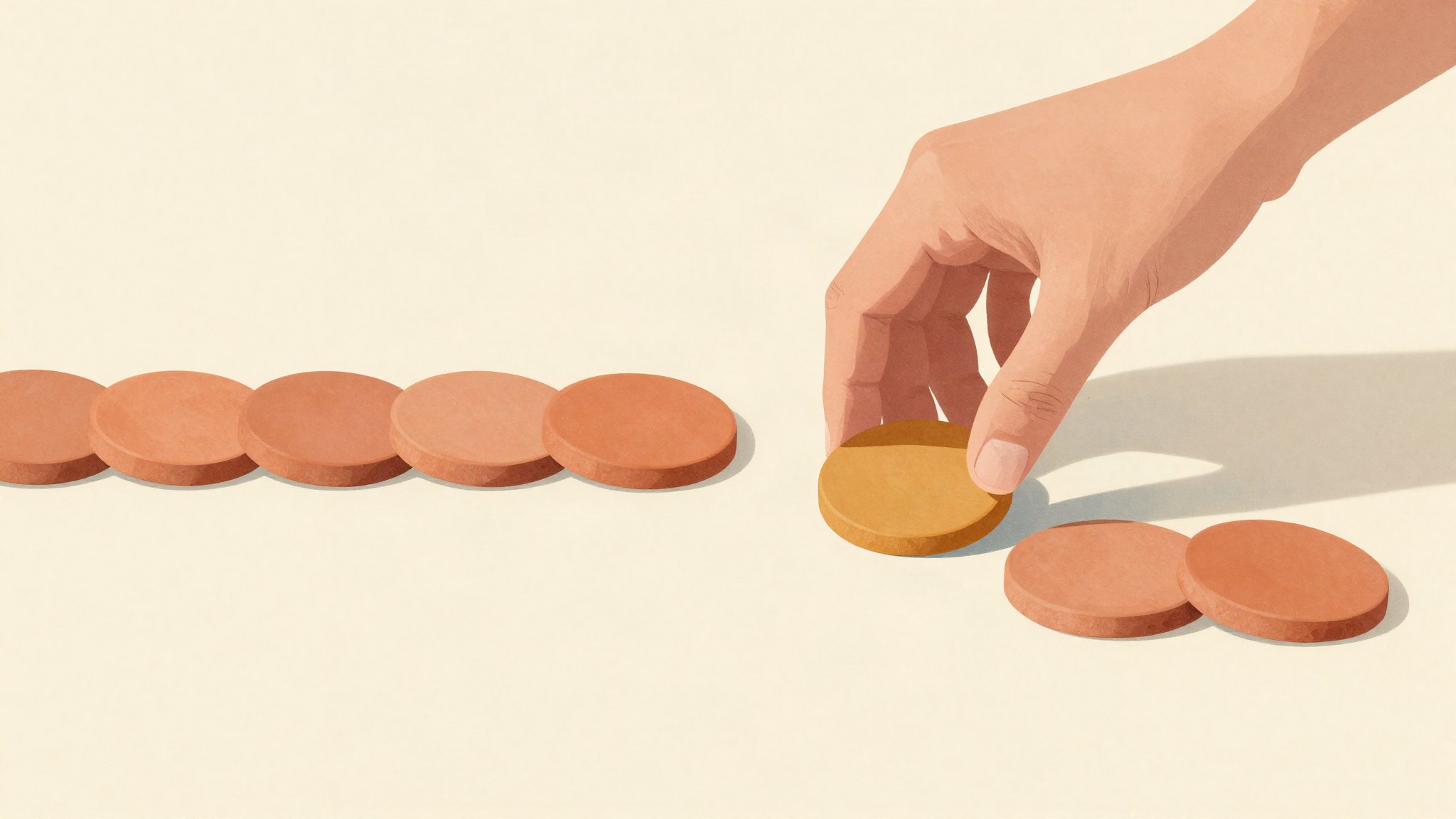A hand lowering a single amber tile into the one empty slot in a row of terracotta tiles, illustrating how one honest line fills the space a career gap leaves on a resume.