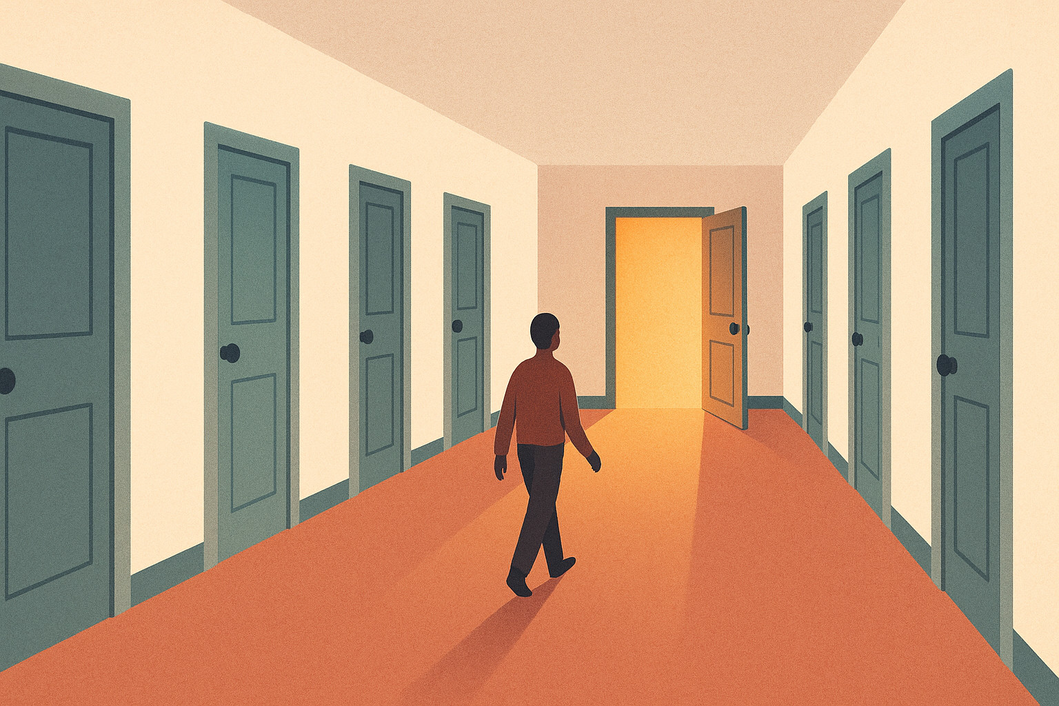 A job seeker walking down a long corridor of identical closed doors toward the one door standing open and glowing with warm light, a metaphor for landing a job through referrals and personal connections instead of the crowded front-door application.