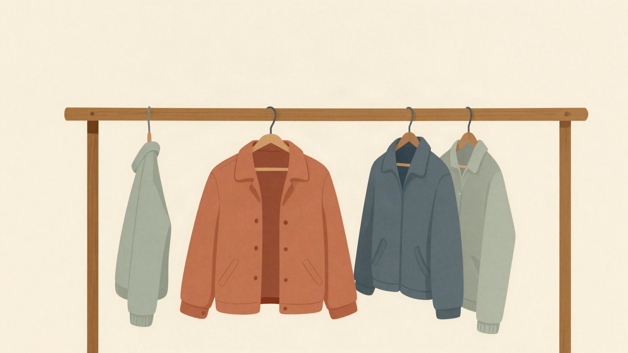 A wooden clothing rail holding one solid terracotta jacket alongside three variations of the same cut in muted sage and dusty blue, illustrating one master resume and the tailored versions made from it for different job descriptions.