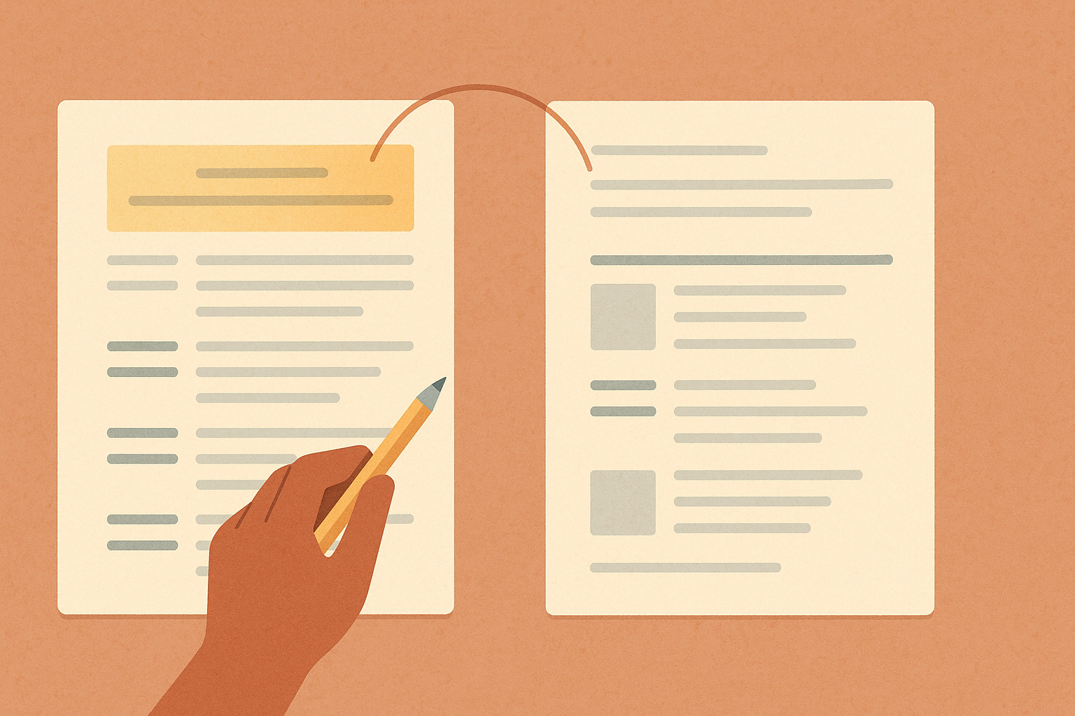A resume and a job posting lying side by side on a desk, with the top third of the resume highlighted in warm amber and a gentle line connecting the two, illustrating tailoring your resume to match what a job asks for.